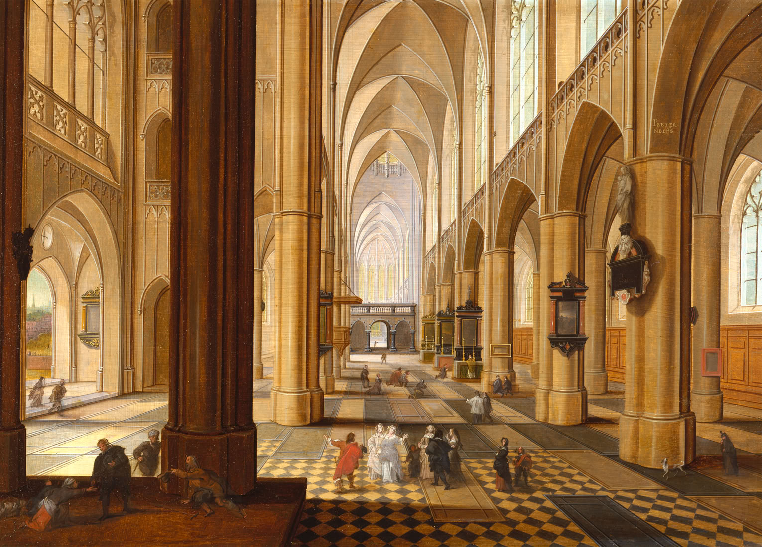 Intérieur d'une église avec de grandes arches, des colonnes imposantes et des personnes marchant ou assises sur le sol en damier.