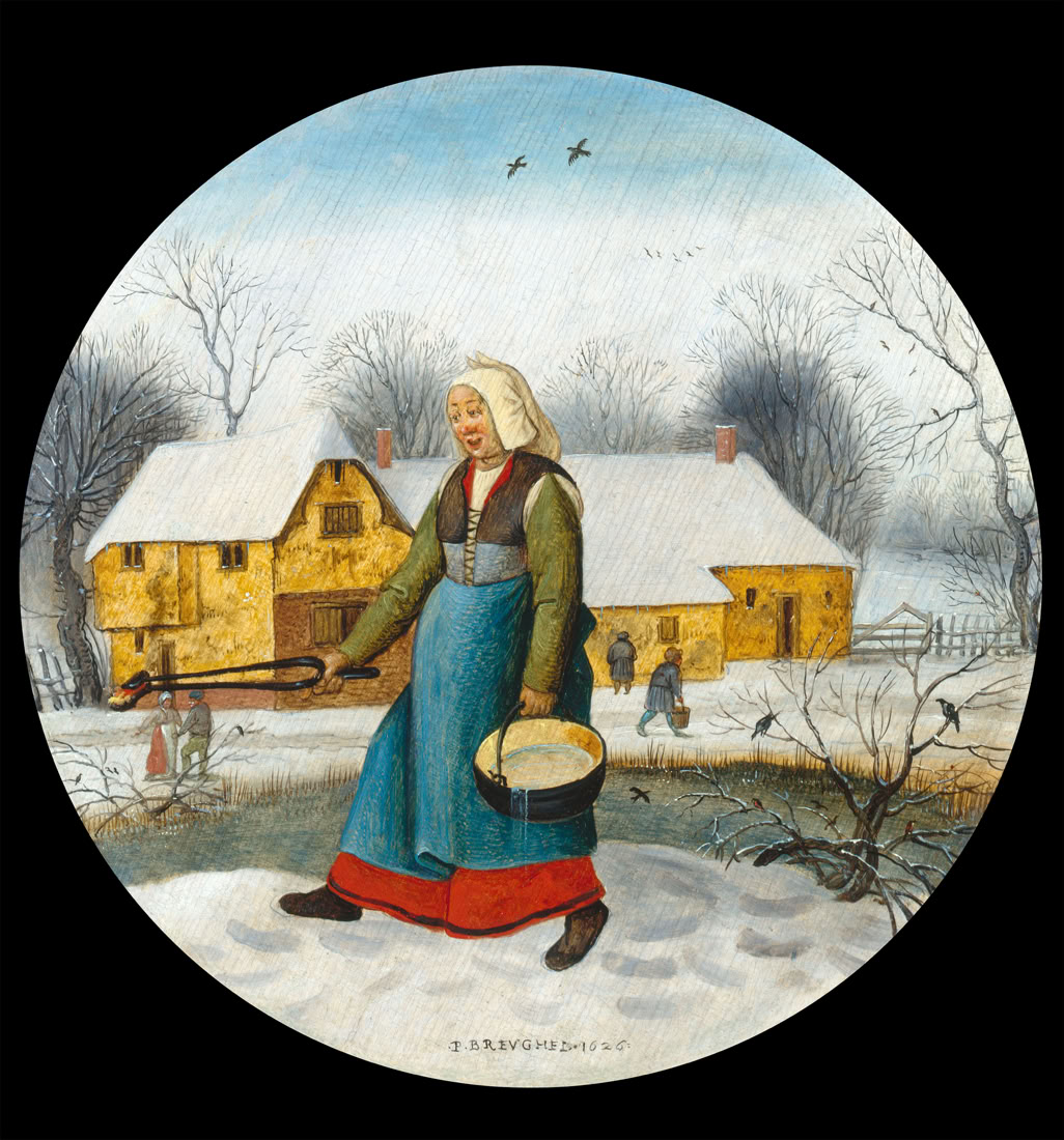 Photographie de tableau Flamand. Une femme en vêtements traditionnels marche dans un paysage enneigé avec une maison en arrière-plan. Elle porte un seau et une pince. Des arbres dénudés et des oiseaux dans le ciel complètent la scène hivernale.